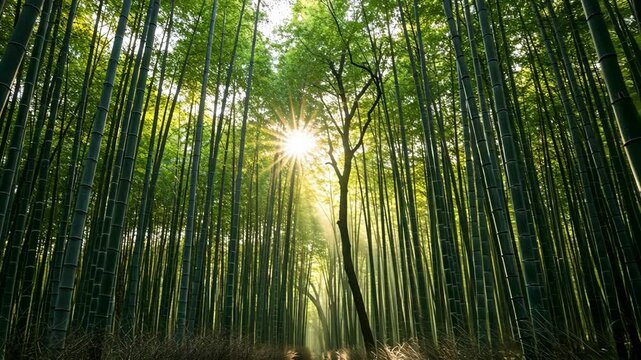 Sunlight shines in a green, lush bamboo forest creating a peaceful lan