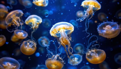 Naklejka premium Jellyfish Swarm in Deep Blue Water