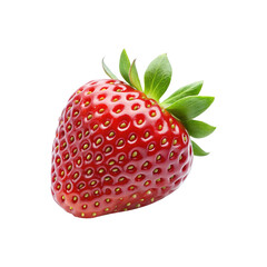 A single luscious red strawberry with vibrant green leaves on a white background