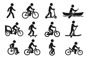 Silhouette icons of various transportation methods: bicycles, scooters, skateboards, and more