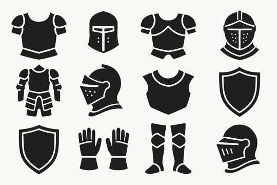 Medieval knight armor icons set in black and white silhouettes
