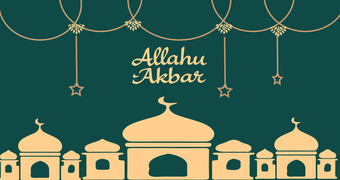 allaha akbar horizontal vector banner, text in middle with lantern and Mosque. Ramadan Kareem ads, flyer, invitation, greeting card. Islamic background. 
