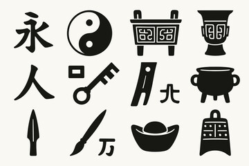 Obraz premium Ancient chinese symbols and artifacts: yin yang, calligraphy, traditional objects