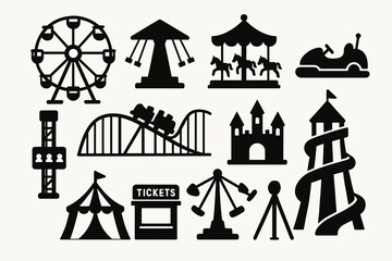 Amusement park icons: ferris wheel, carousel, roller coaster, slide, bumper cars