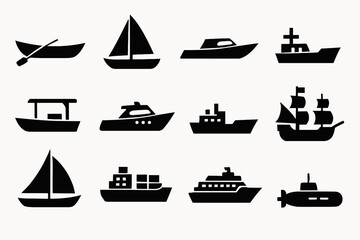 Silhouette collection of various boats and ships