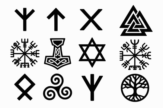Collection of norse and celtic symbols including valknut, mjolnir, and tree of life