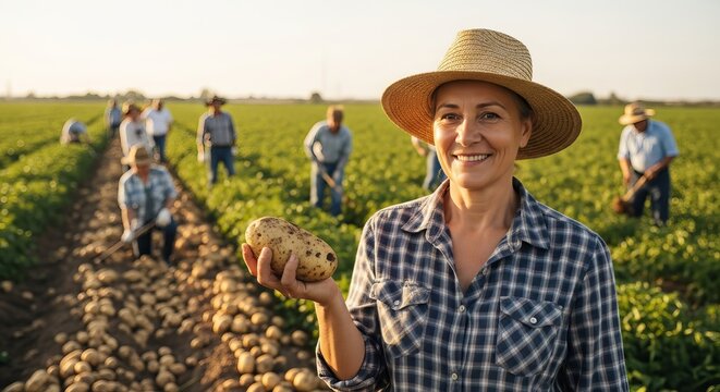 Happy Woman Farmer Holding a Fresh Potato Crop for International Day of Potato - Powered by Adobe