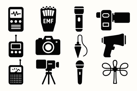 Ghost hunting equipment icons: emf meter, camera, microphone, flashlight, video recorder