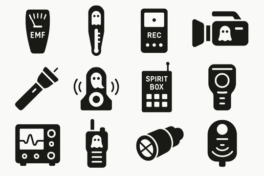 Ghost hunting equipment icons: emf meter, spirit box, camera, and more