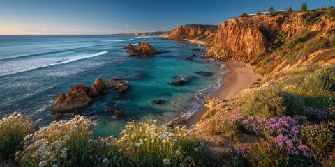 Coastal Nature Scene with Spring Flowers