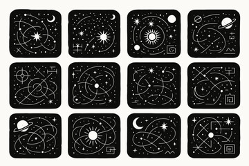Abstract cosmic patterns with stars, planets, and geometric shapes
