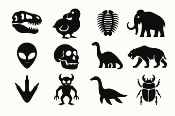 Obraz premium Silhouette icons of prehistoric and mythical creatures including t-rex and mammoth