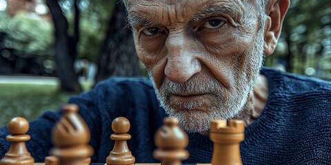 Focused senior man contemplating strategic chess move outdoors in a park