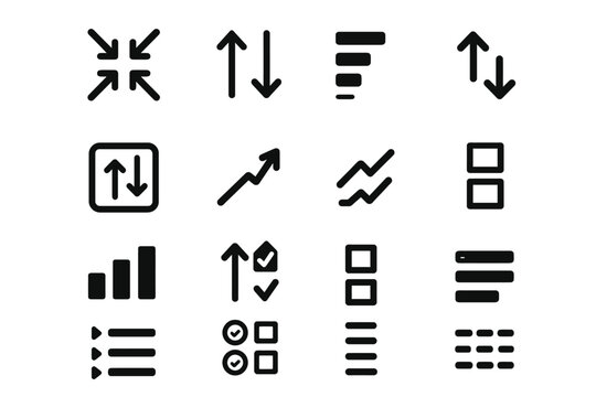 Collection of various black arrow and bar graph icons in solid style