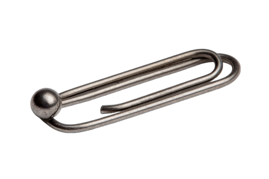 Close-up of a metallic drapery rod bracket.  Two looped, curved metal rods form a bracket, joined by a small round ball