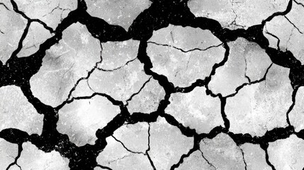 Obraz premium Cracked Earth Texture: Monochrome detailed close-up shot of parched cracked earth reveals intricate fracture lines and patterns, symbolizing the impact of drought and the resilience of nature.