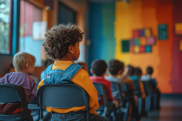 Child sitting in classroom, back to camera.