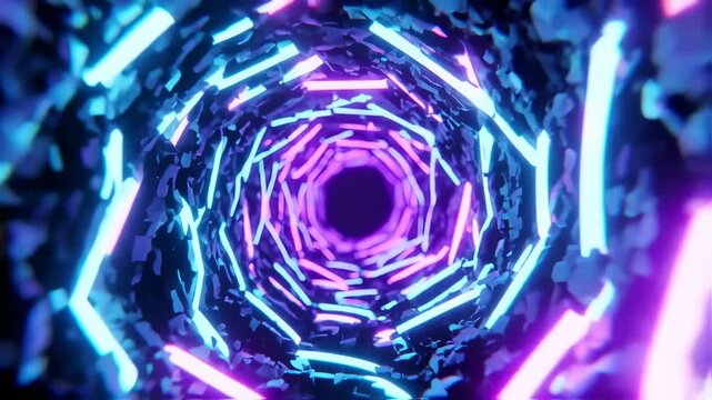 Neon light geometric tunnel background endless loop animation effect