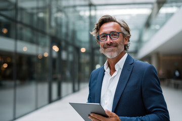 Fototapeta premium Portrait of a confident businessman holding a digital tablet, smiling in a modern office environment