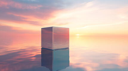 Reflective Glass Cube at Sunset Over Calm Water, Textarea