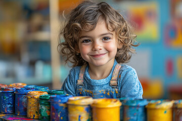 Smiling girl painting.