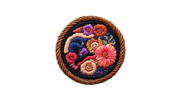 A high-resolution image of a single embroidered patch, centered in the frame, white background --ar 16:9