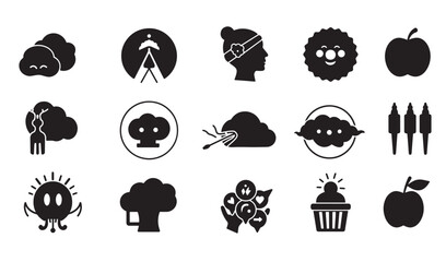 Black and white icon set collection featuring food weather and silhouette illustrations