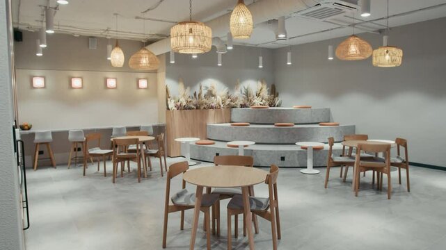No people shot of cosy coworking office interior with round tables and chairs, soft lit chandeliers, modern velvet stairs benches, beige and grey hues, minimalist decor, warm and inviting atmosphere