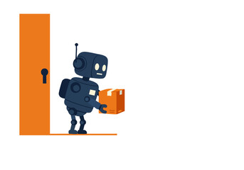 A friendly robot delivers a box through a doorway. Modern, flat design illustration. Ideal for delivery services, technology, and logistics concepts.