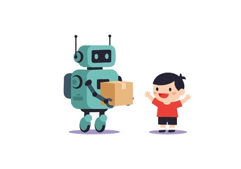 A friendly robot delivers a box to a happy child. Bright, cheerful illustration. Perfect for kids' products or technology themes.