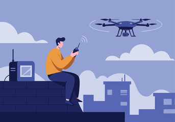 A man controls a drone outdoors, showcasing modern technology and aerial views. Clean, graphic style, ideal for business and tech visuals.