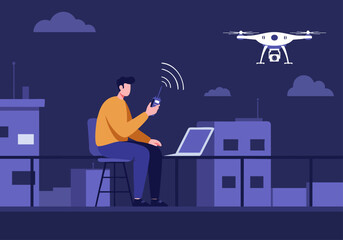 A man controls a drone with a handheld controller, monitoring data on a laptop. Modern cityscape backdrop. Illustrative style.