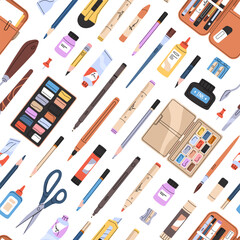 Endless background of different creativity stationery, art supplies. Repeatable pattern of drawing and painting tools: pencils, watercolour paints, crayons, chalks. Flat seamless vector illustration