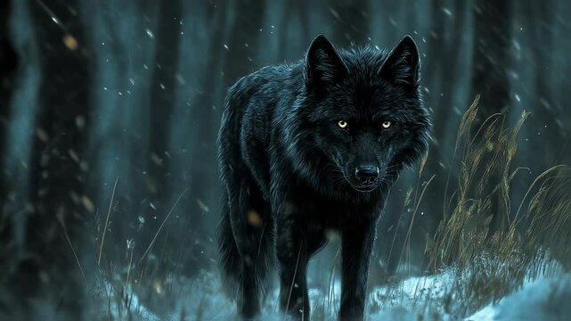 A striking depiction of a black wolf amidst a snowy, ethereal forest