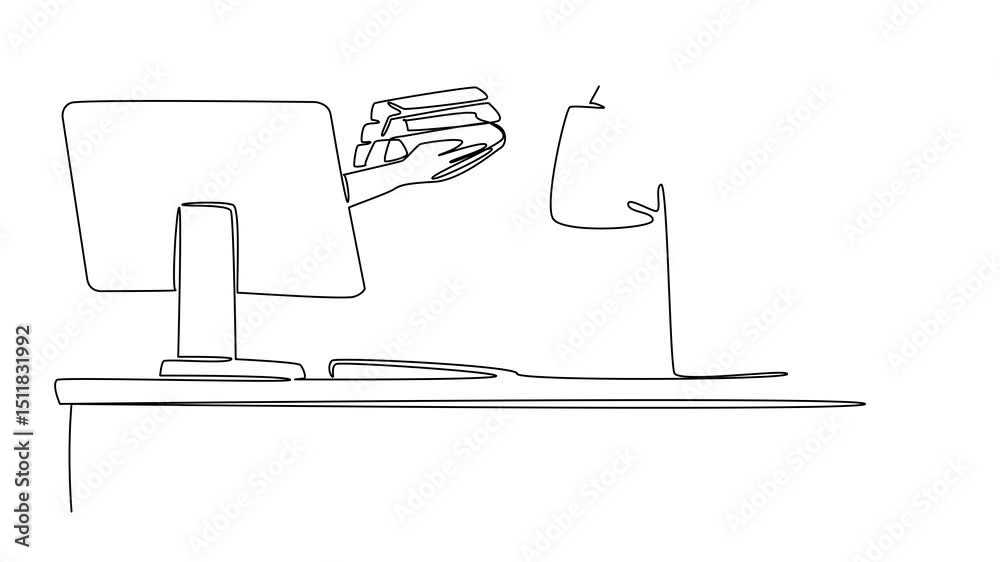 Poster self drawing animation of continuous one line drawing hands out of monitor screen while holding a go