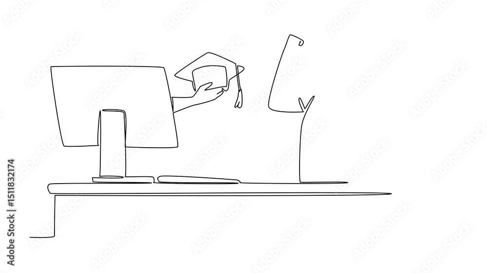 Poster animated self drawing of continuous line drawing hands out of the monitor screen while holding a gra