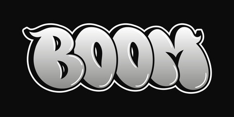 Silver graffiti lettering spelling the word Boom representing an explosion sound effect, with a bold, impactful style