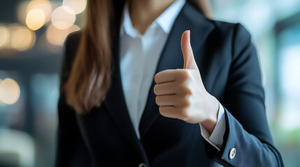 Thumb up gesture of a business woman's arm, The background is an office.