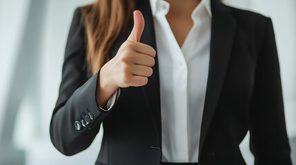 Thumb up gesture of a business woman's arm, The background is an office.