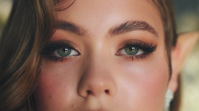 Beauty girl looking at camera with love emotion green eyes pink brown make-up eye black mascara long eyelashes, part of face, evening holiday makeup smoky cat eye shadow, blonde hair. Fairy woman 4k
