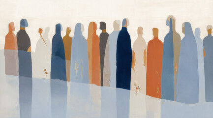 Minimalist Formation of Diverse Figures in Earthy Tones Against Soft-Hued Backdrop	