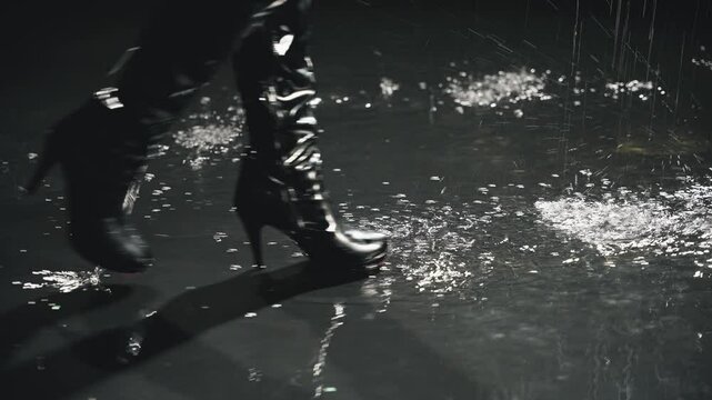 female legs feet close-up stepping through puddles wet road bubbles rain adult girl walks in rain night city street light in water. woman walking in black patent leather high-heeled boots slow motion
