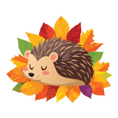 Cute Hedgehog Sleeping in Autumn Leaves