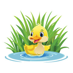 Happy Yellow Duckling Swimming