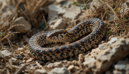 Fototapeta premium Spotted Snake Coiled on Rocky Ground Nature Wildlife Photography Scene