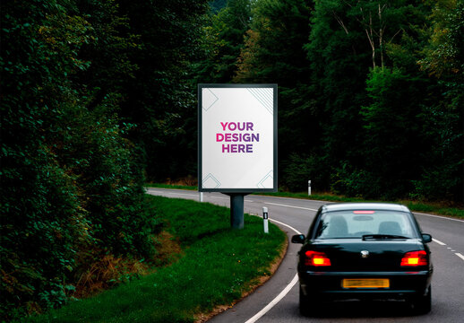 Billboard Mockup on Curved Forest Road