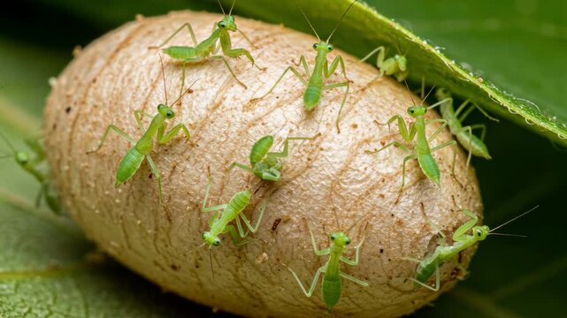 A group of newborn praying mantis on an egg case and a green leaf.
