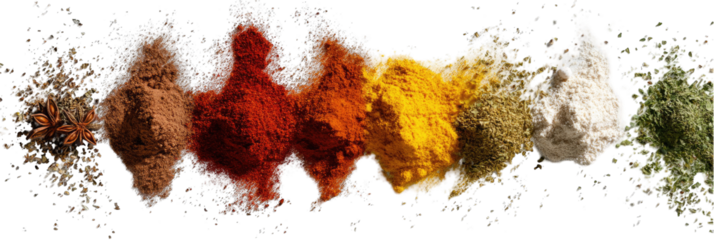 Colorful spice powders scattered in a design