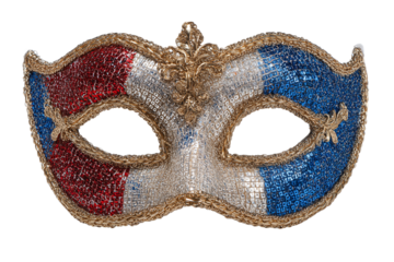 A set of decorative French celebration masks with gems and glitter in flag colors, isolated on a transparent background (12)