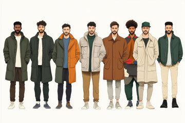 Fototapeta premium Group of men in coats and jackets standing on a snowy mountain peak, looking at the breathtaking view below, with clear blue skies and white clouds above.